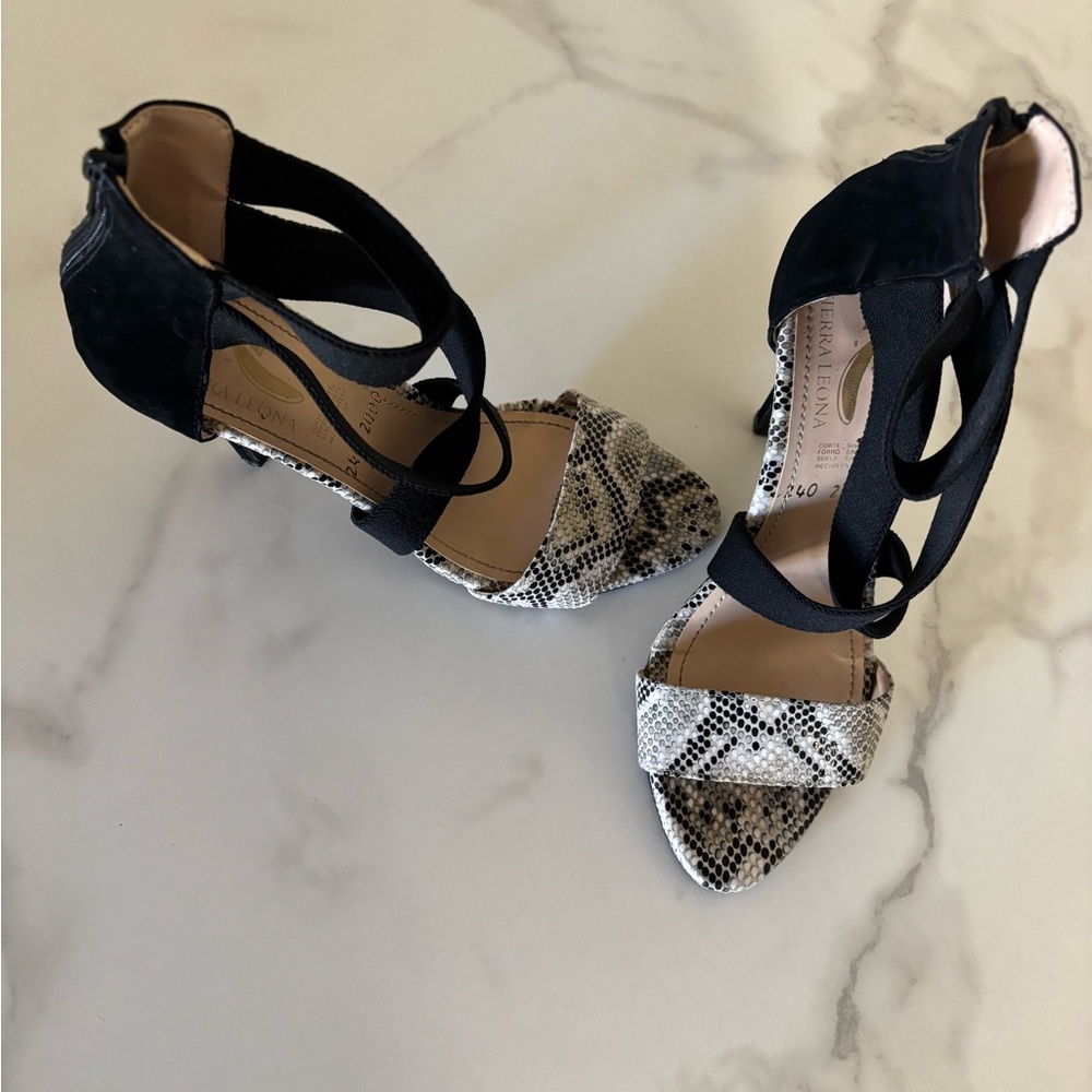 Black and grey snake print heels